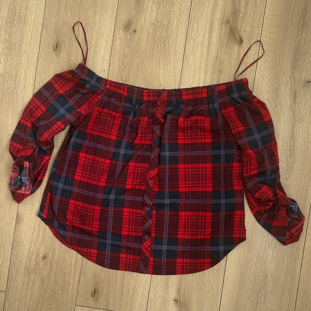 Red and Black Plaid Off-Shoulder Top